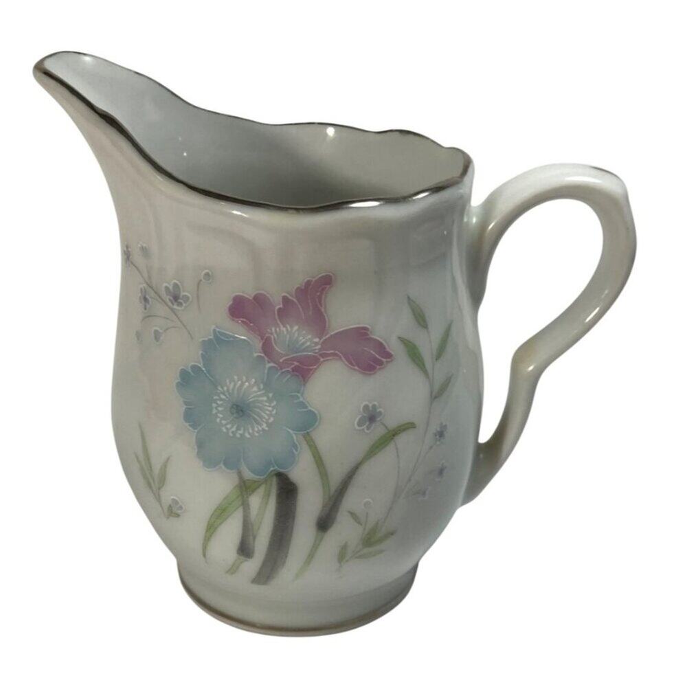 CAC China Floral Creamer Spring Summer Pink Blue Lily Silver Porcelain Vintage